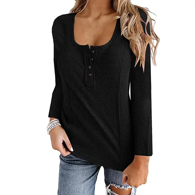 Button Solid Color Long sleeved Top Female Black - Shop at LoveMi