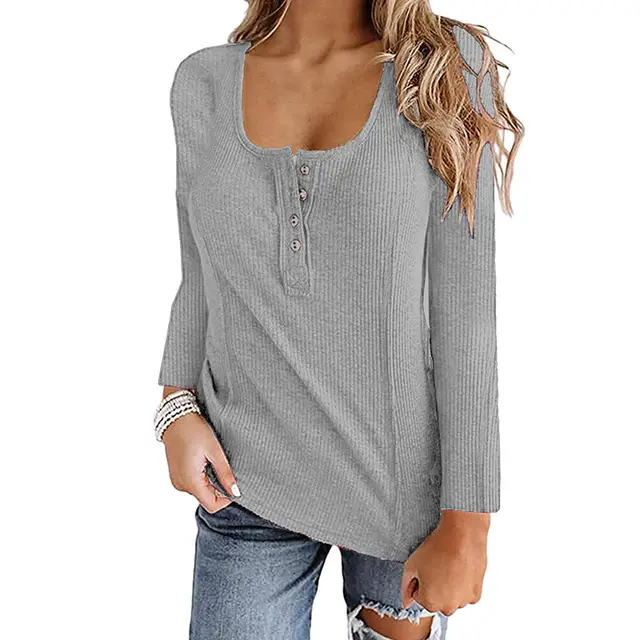 Button Solid Color Long sleeved Top Female Gray - Shop at LoveMi