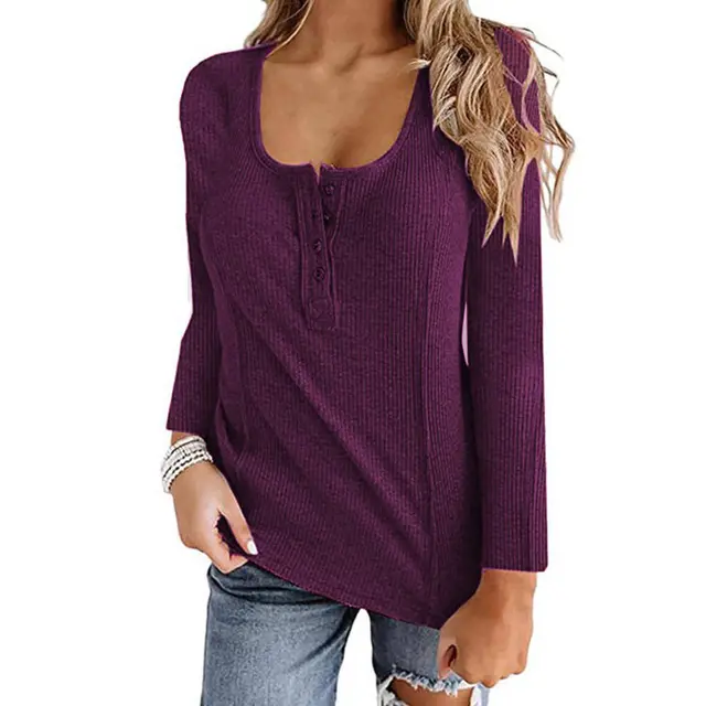 Button Solid Color Long sleeved Top Female Purple - Shop at LoveMi