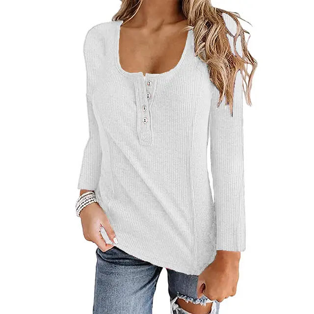 Button Solid Color Long sleeved Top Female White - Shop at LoveMi