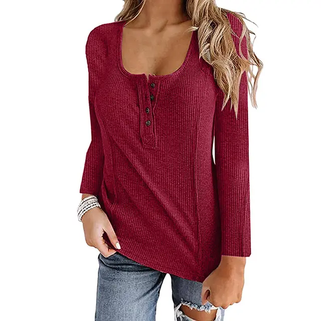Button Solid Color Long sleeved Top Female Wine Red - Shop at LoveMi