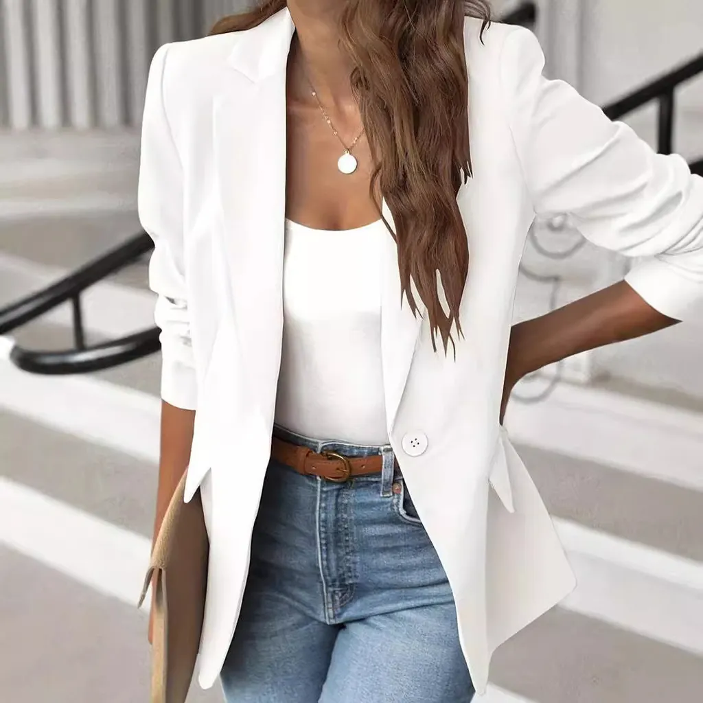 Long Sleeve Solid Color Small Suit One Button Jacket - Beige