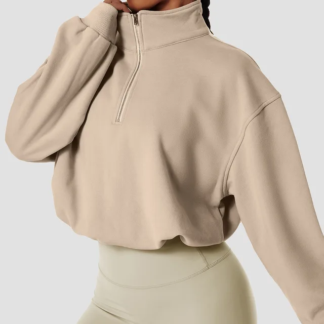 Fleece lined Sports Sweater Pullover High Collar Outdoor Workout Khaki - Shop at LoveMi