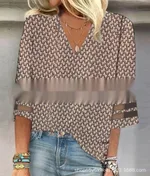 Women's Loose Long Sleeve Printed V-neck Shirt - Camel