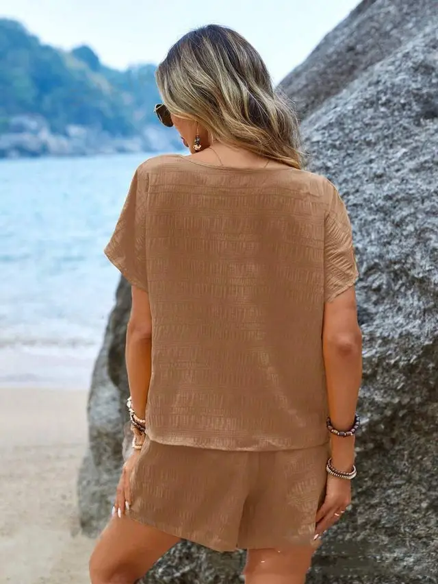 Casual And Comfortable Solid Color Round Neck Short Sleeves Shorts Suit Dark Blue - Shop at LoveMi
