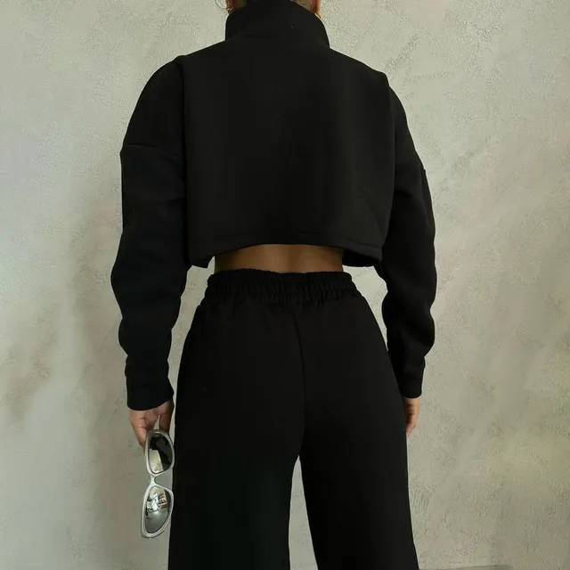 Solid Color Round Neck Pullover Long Sleeve Sweater Fashion Casual Trousers Suit Black - Shop at LoveMi