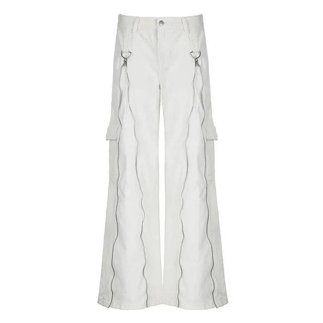 Women's Metal Zipper Multi pocket Jeans White - Shop at LoveMi