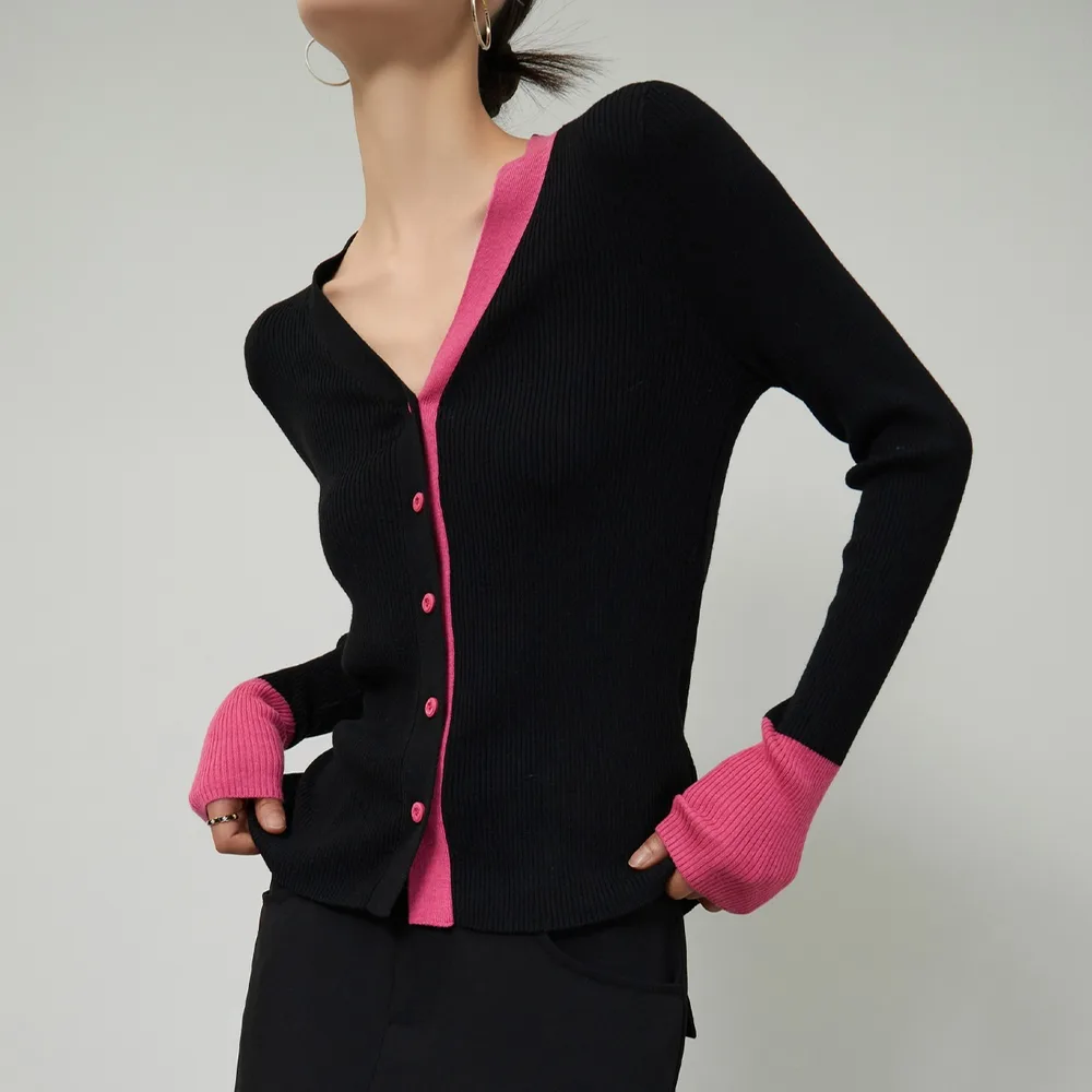 Slim Fit V-neck Slimming Korean Casual Sweater - Black Top