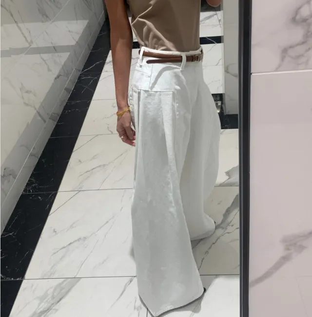 Women's Korean style Temperament High Waist Pleated Stitching Wide leg Jeans White - Shop at LoveMi