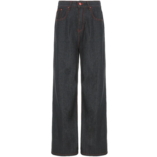 Women's Retro Contrast Embroidered Original Wide leg Jeans Black - Shop at LoveMi