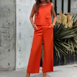 Leisure Solid Color Sleeveless Top Wide Leg Trousers Suit - Orange Red - View 1