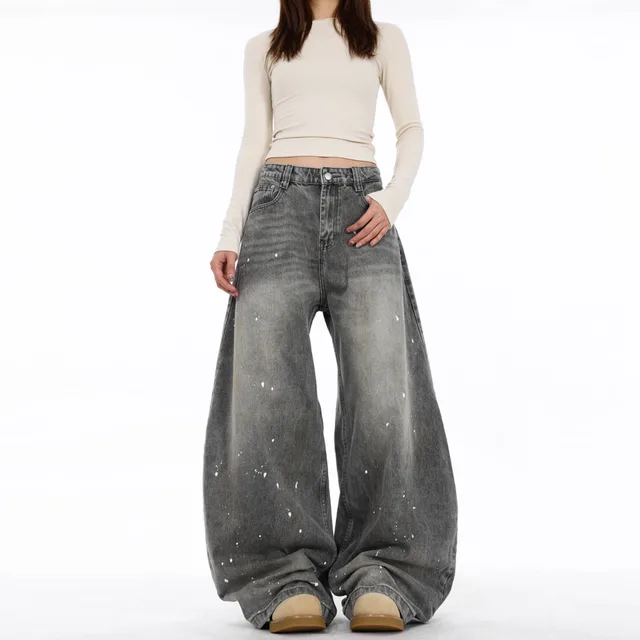 Retro Washed Distressed Splash ink Machete Jeans For Women Gray - Shop at LoveMi