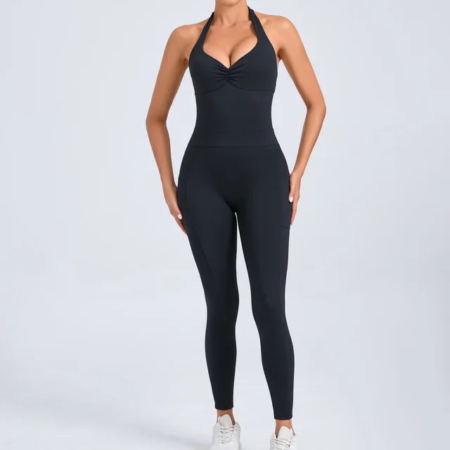 European And American Halter Side Pockets Yoga Jumpsuit Black - Shop at LoveMi