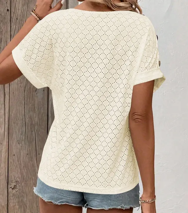 Button Solid Color Circle Loose Short Sleeve T shirt For Women Apricot - Shop at LoveMi