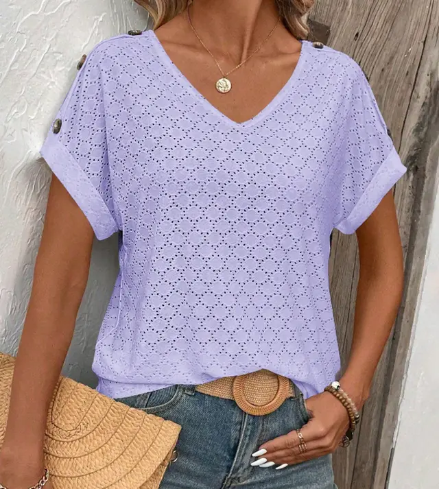 Button Solid Color Circle Loose Short Sleeve T shirt For Women Light Purple - Shop at LoveMi