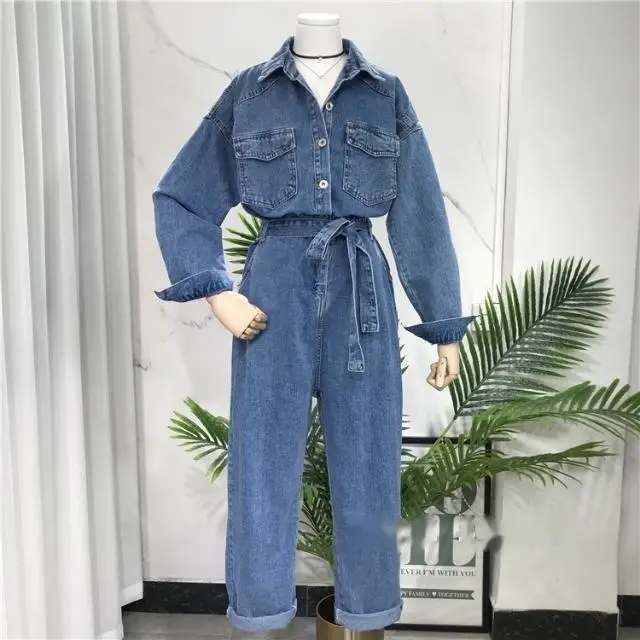 Solid Color Wide Leg Acrylic Jumpsuit Women's Long Sleeve One piece Trousers Blue - Shop at LoveMi