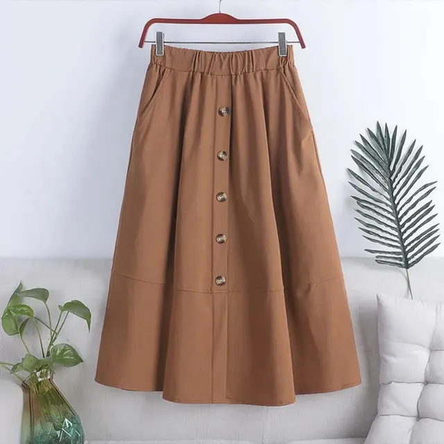 Japanese Style All matching Button Elastic Waist Big Hem Skirt Brick Red - Shop at LoveMi