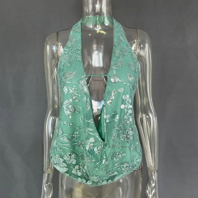 Women's Sexy Backless Sequined V neck Top Avocado Green - Shop at LoveMi