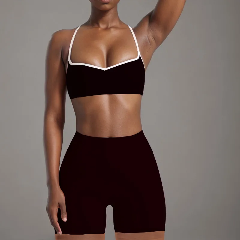 Women's Simple Nude Feel Beauty Back Exercise Contrast Color Bra Yoga Pants - Black Shorts Suit - View 1