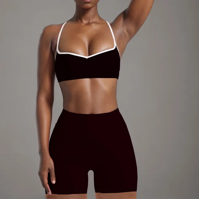 Women's Simple Nude Feel Beauty Back Exercise Contrast Color Bra Yoga Pants Black Shorts Suit - Shop at LoveMi
