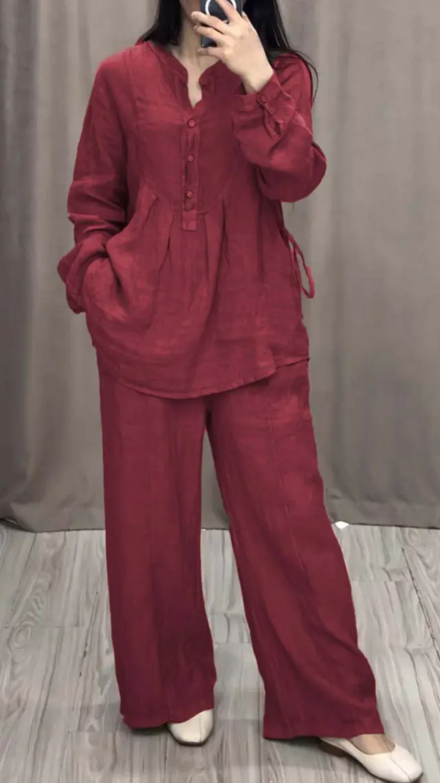 Fashion Comfortable Cotton And Linen Long Sleeve Half Cardigan Casual Suit Wine Red - Shop at LoveMi