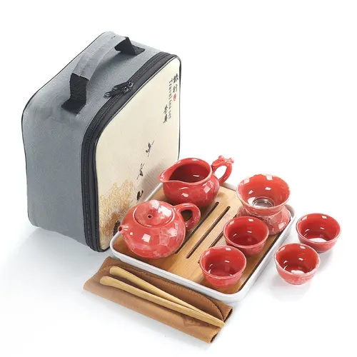 Outdoor Portable Tea Cup, Teapot, Travel Bag, Ceramic Kung Fu Tea Set, Small Set Redstone Xi Shi Pot - Shop at LoveMi