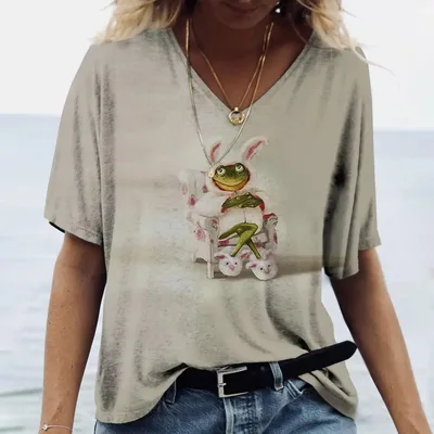 Ladies' V neck T shirt 3d Printing Animated Rabbit Short Sleeve Hx240623R12 S - Shop at LoveMi