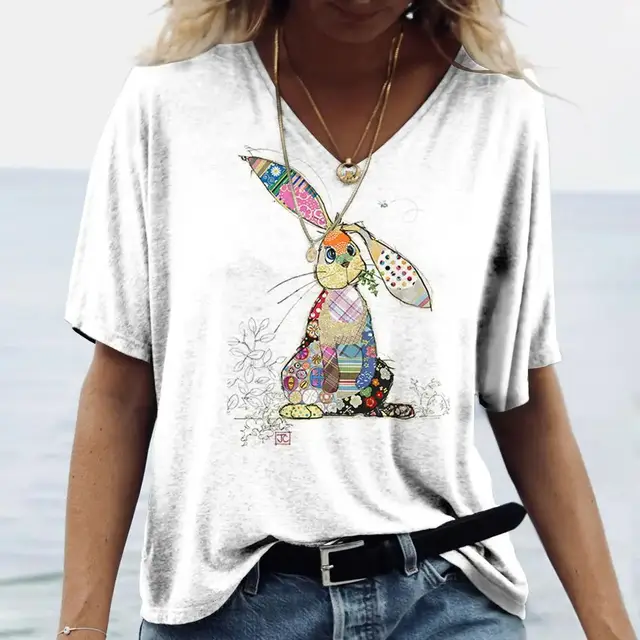 Ladies' V neck T shirt 3d Printing Animated Rabbit Short Sleeve Hx240623R2 - Shop at LoveMi