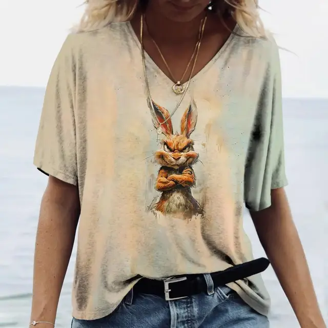 Ladies' V neck T shirt 3d Printing Animated Rabbit Short Sleeve Hx240623R4 - Shop at LoveMi