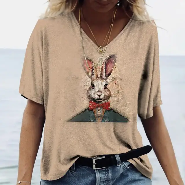 Ladies' V neck T shirt 3d Printing Animated Rabbit Short Sleeve Hx240623R8 - Shop at LoveMi