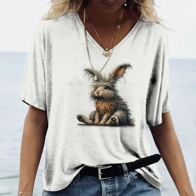 Ladies' V neck T shirt 3d Printing Animated Rabbit Short Sleeve Hx240623R9 - Shop at LoveMi