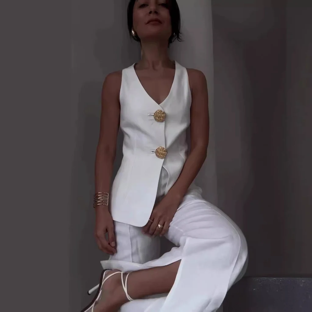 Summer New European And American Solid Colour Sleeveless Slim Fit Vest Suit Pant Suit - White