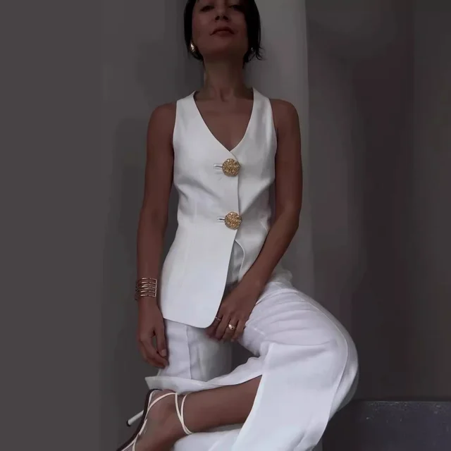 Summer New European And American Solid Color Sleeveless Slim Fit Vest Suit Pant Suit White - Shop at LoveMi