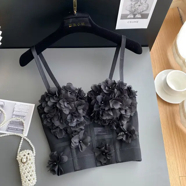 Fashion Three dimensional Flower Camisole Women Black - Shop at LoveMi