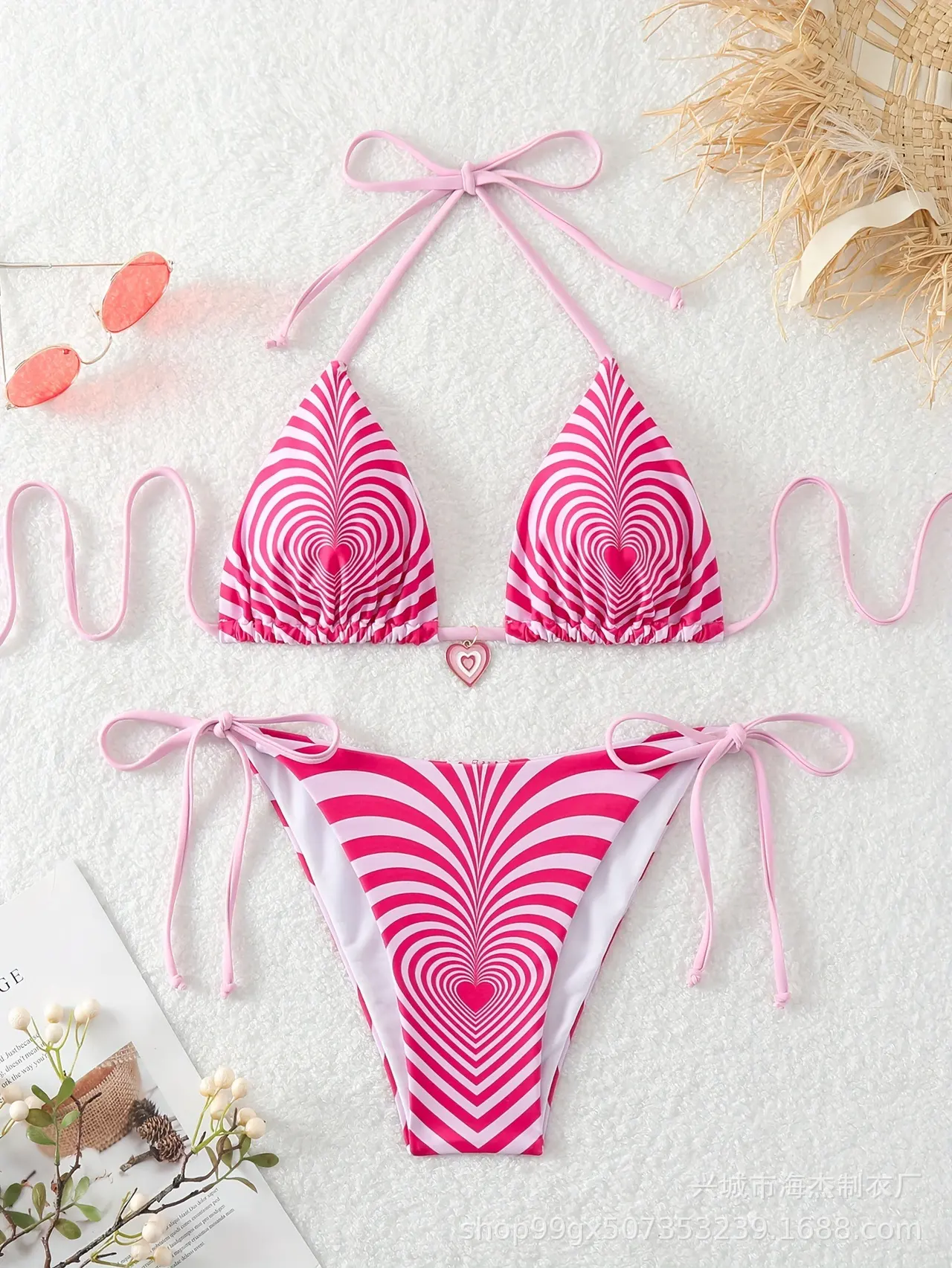 New Pure Desire Wind Love Bikini Halter Design Fashion Vacation Beach Swimsuit - Rose Red