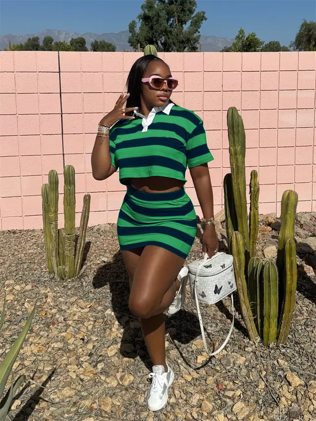 Women's Cropped Striped Shirt Collar Suit Green - Shop at LoveMi