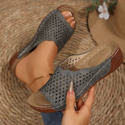 Round Toe Vintage Color Women's Sandals Hollow Stitching Plus Size Gray - Shop at LoveMi
