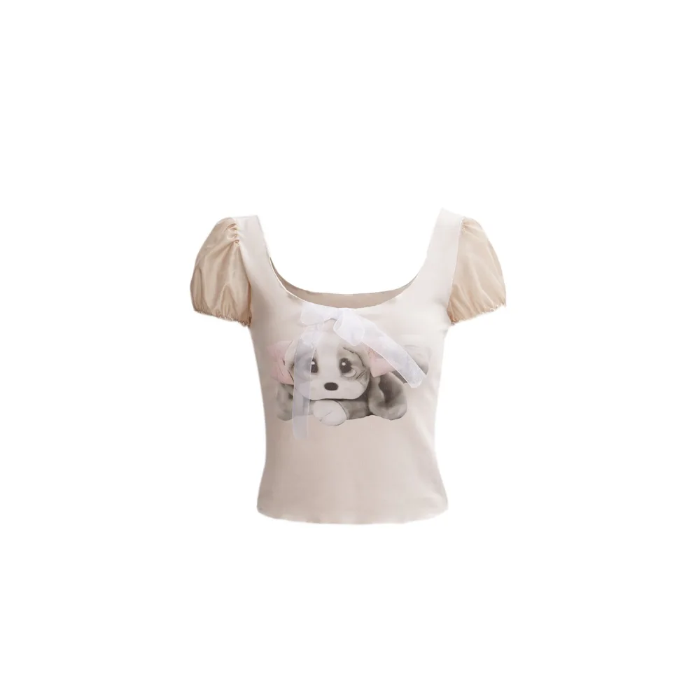 American Y2g Square Collar Rabbit Printed Puff Sleeve Short Sleeve Apricot - Shop at LoveMi