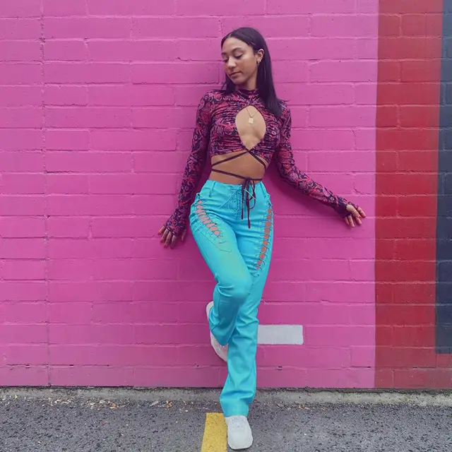 Women's High Waist Hollow out Strap Straight Ankle Tied Leather Pants Blue - Shop at LoveMi