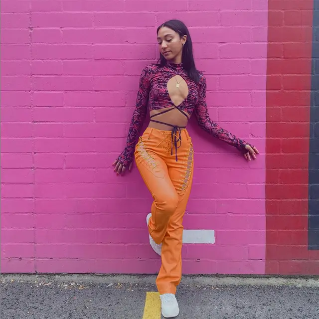 Women's High Waist Hollow out Strap Straight Ankle Tied Leather Pants Orange - Shop at LoveMi