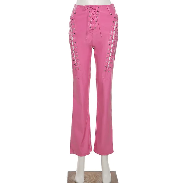 Women's High Waist Hollow out Strap Straight Ankle Tied Leather Pants Rose Red - Shop at LoveMi