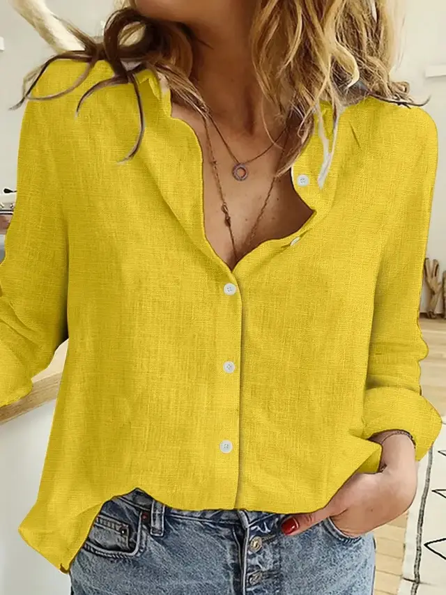 Women's Casual Long sleeved Linen Shirt Top Yellow - Shop at LoveMi