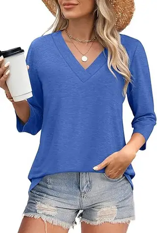 Casual Women's Waist Knitted T-shirt - Blue