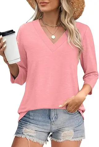 Casual Women's Waist Knitted T-shirt - Coral Pink