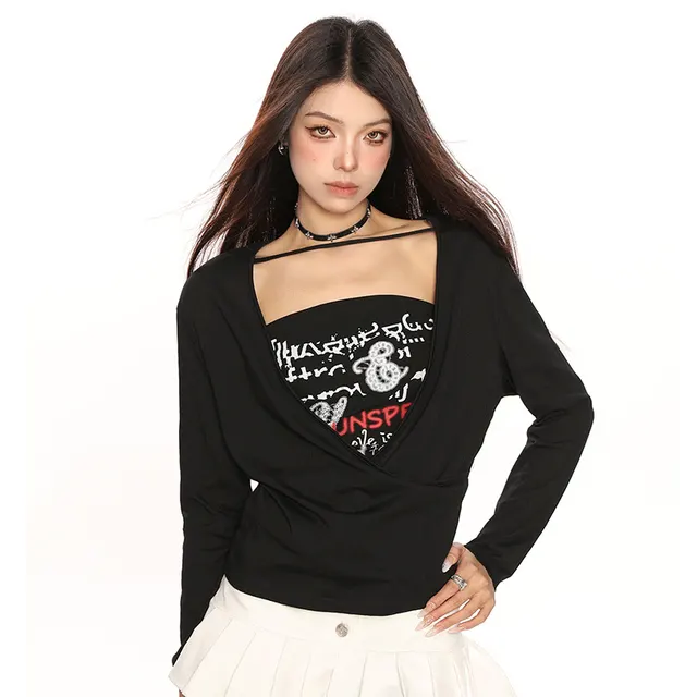 Women's Design Cross Pleated Tube Top Long sleeved Blouse Suit Black - Shop at LoveMi