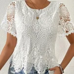 Women's Elegant White Lace V-Neck Blouse With Floral Cut-Out Detail Short Sleeve - Floral