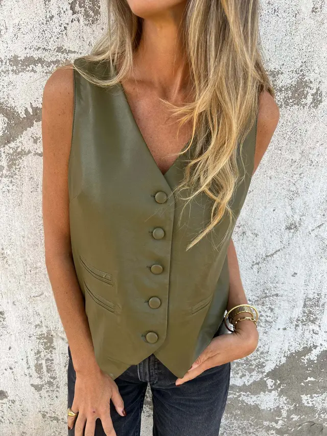 Women's Fashion Button Suit Vest Jacket Army Green - Shop at LoveMi