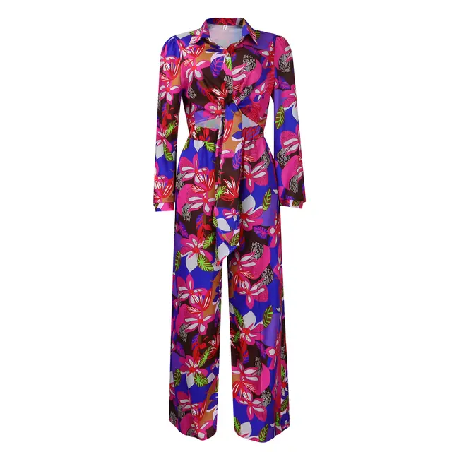 Lapel Lace up Shirt Wide leg Pants Suit Rose Purple - Shop at LoveMi