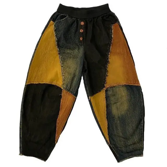 New Personalized Breasted Frayed Color Block Denim Harem Pants Loose Slimming Women Main Picture - Shop at LoveMi