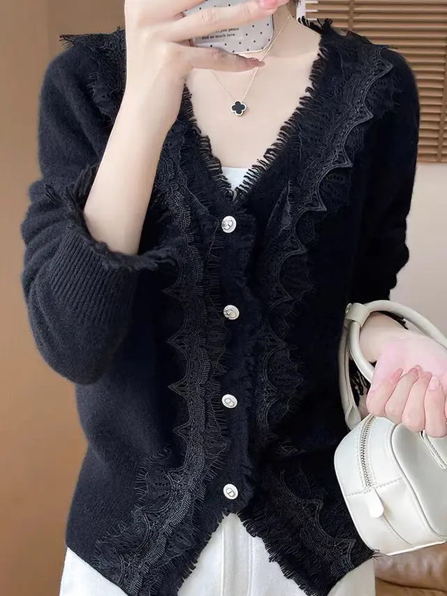 Autumn V neck Lace Cardigan Women's Top Black - Shop at LoveMi